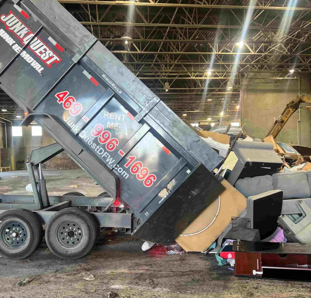 Junk Quest trailer delivering a dumpster rental in Allen, Texas.