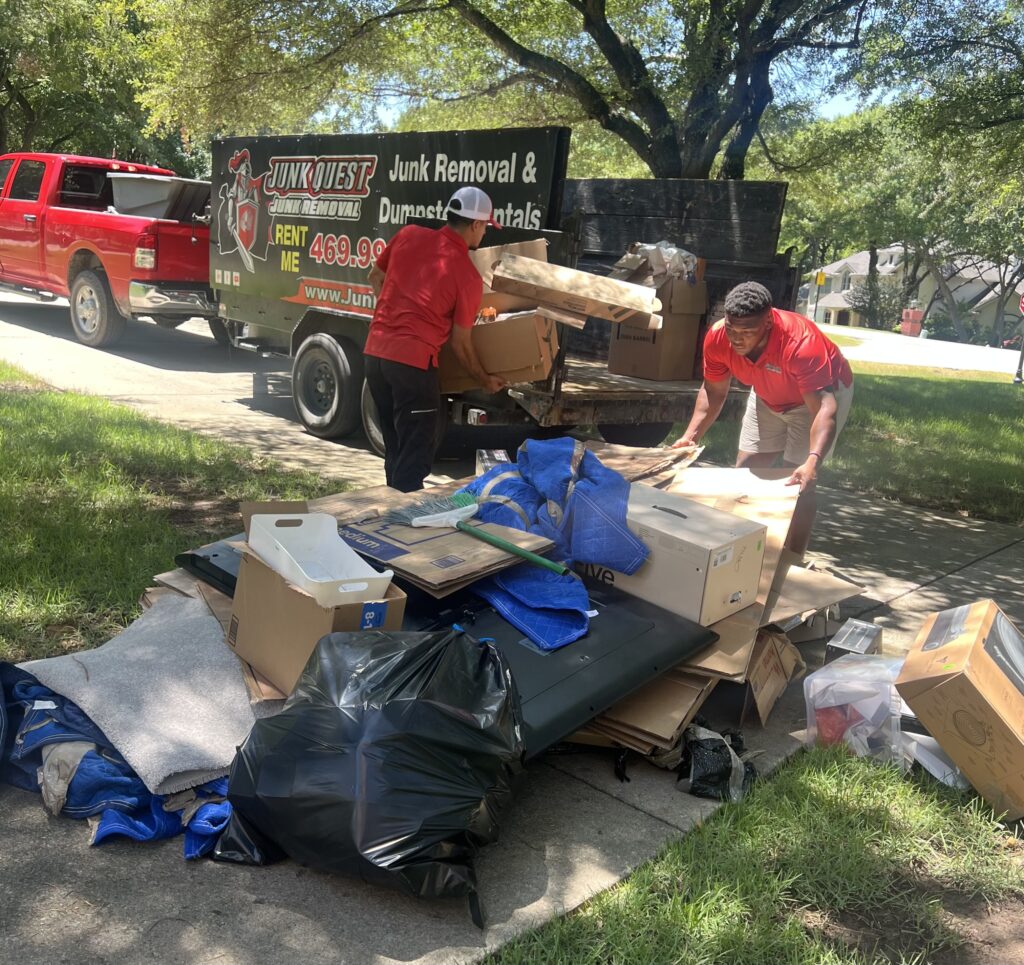 Junk Quest team performing a junk removal service in Fairview, TX — loading bulk items, bags, and boxes for eco-friendly disposal and donation.