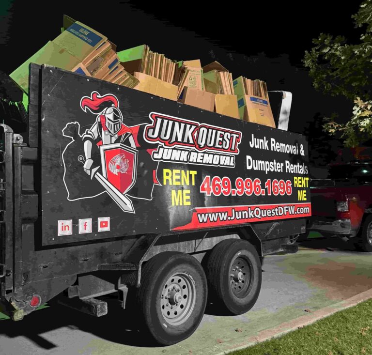Junk Quest trailer loaded with junk during a professional junk removal service in Dallas, TX, local hauling and dumpster rental experts serving North Texas.