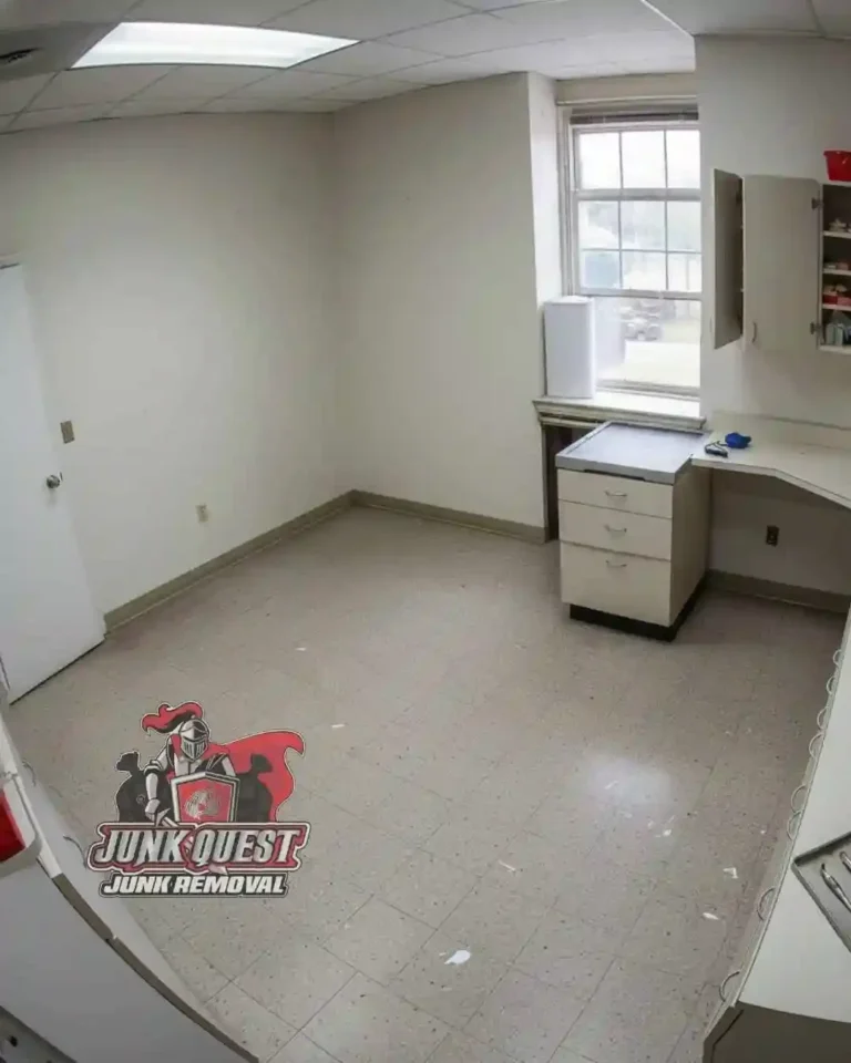 After dental office cleanout in Plano, TX showing a cleared medical workspace after Junk Quest removed dental chairs, furniture, and equipment