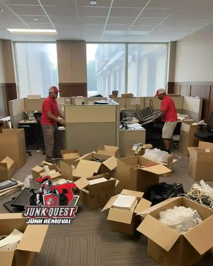 Cluttered office in Plano, TX filled with desks, chairs, boxes, and office items before Junk Quest performed a commercial office cleanout