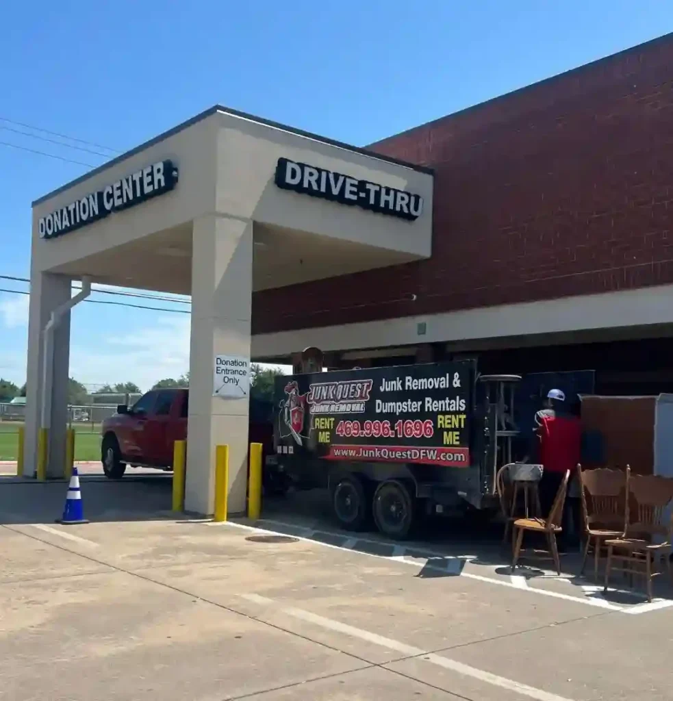 Junk Quest team donating reusable furniture and items at a Goodwill drop-off center in McKinney, TX