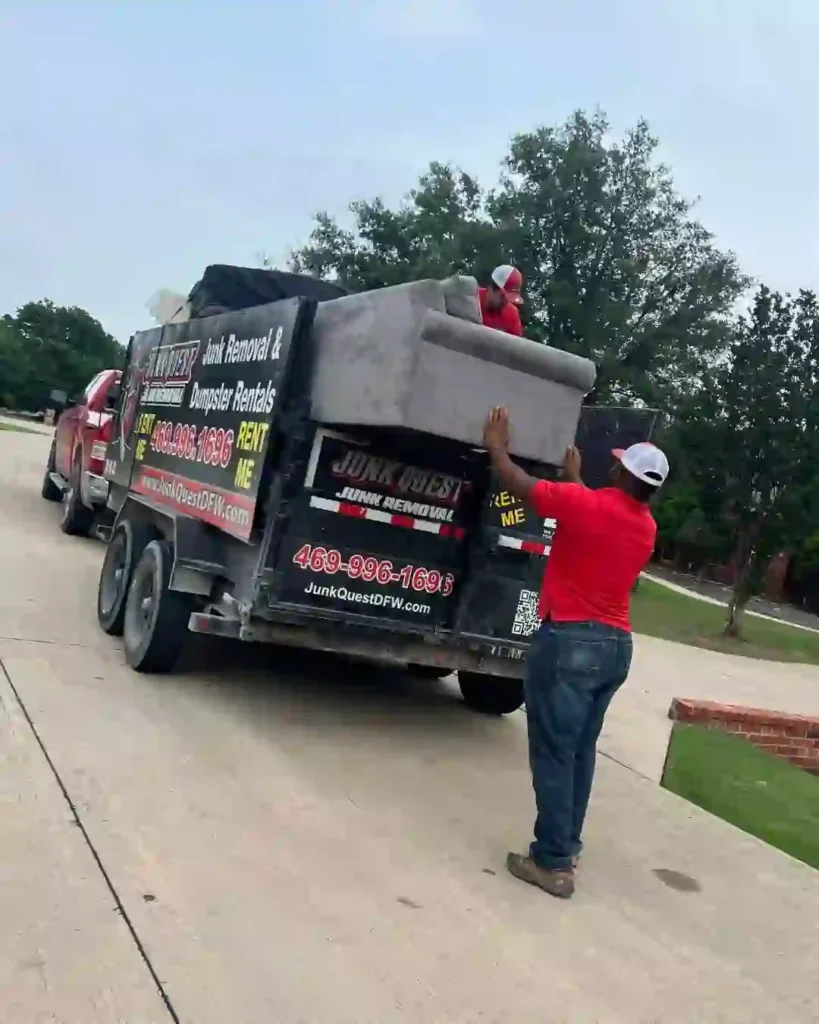 Junk Quest removing a couch during a junk removal job in Lucas, TX