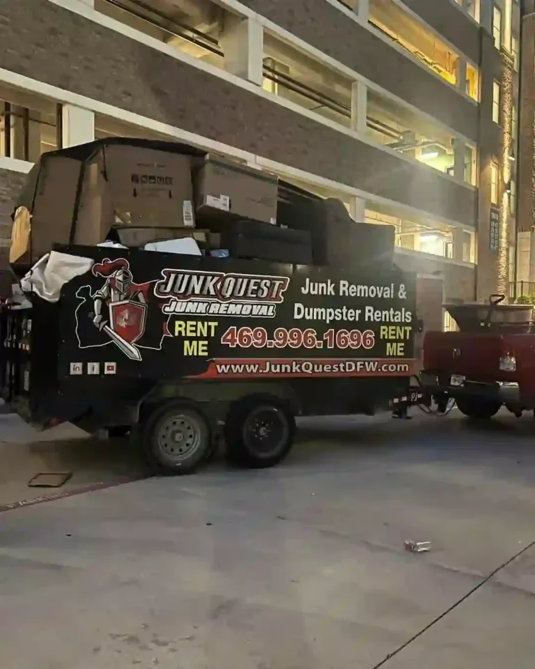 Junk Quest trailer filled after completing a commercial office cleanout and junk removal service in Frisco, TX