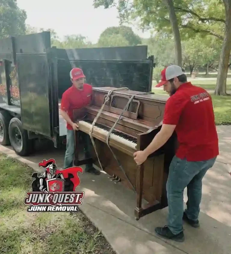 Junk Quest crew performing a heavy piano removal and hauling service in McKinney, TX