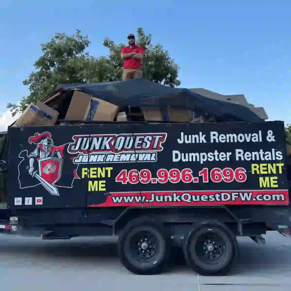 Junk Quest dumpster rental placed at a residential property during a cleanup project in Fairview, TX