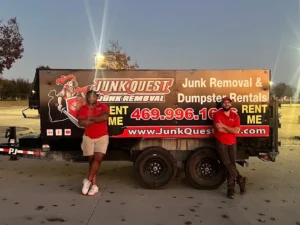 Junk Quest Removal commercial junk removal team with branded dumpster trailer serving North Dallas businesses
