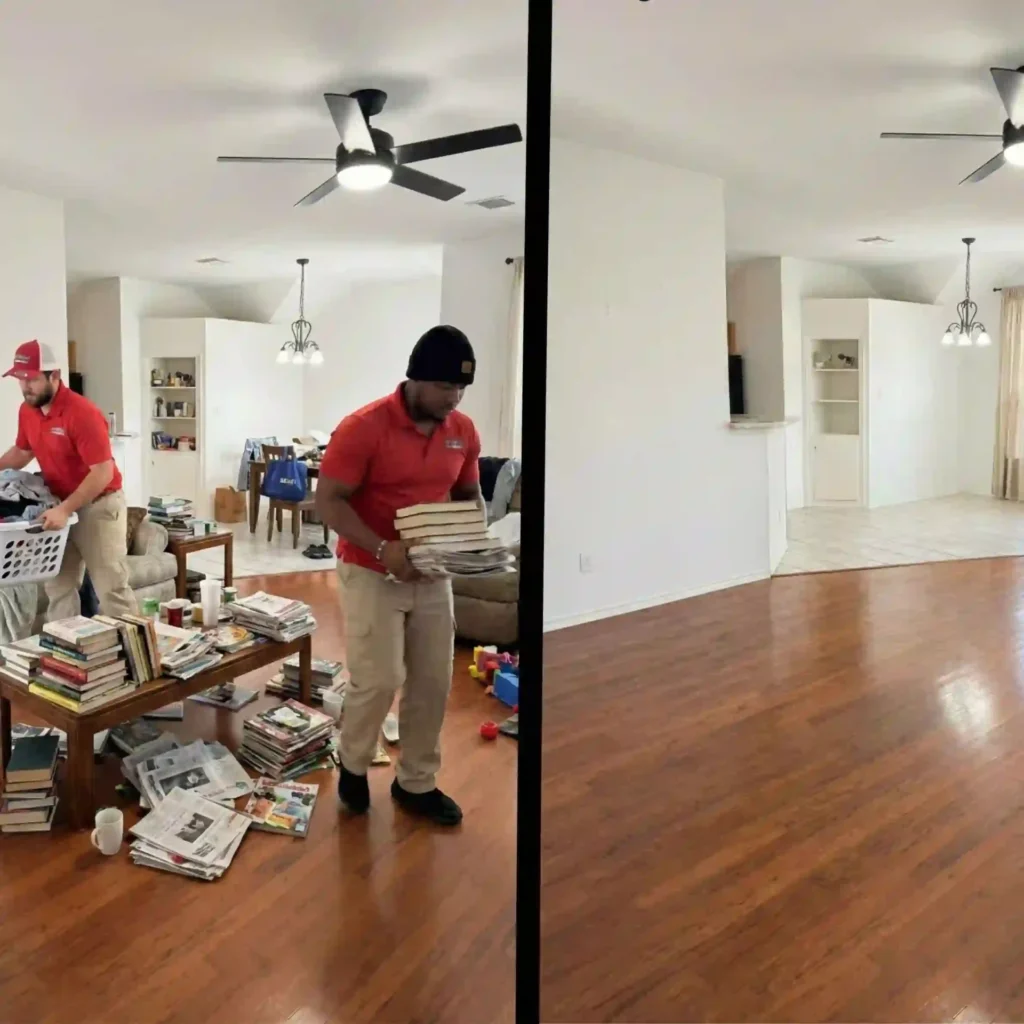 A split-screen before and after comparison showing a cluttered McKinney living room transformed into a clean, empty space by Junk Quest to help the home sell faster.