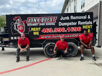 Junk Quest Removal crew sitting in front of branded trailer in North Dallas