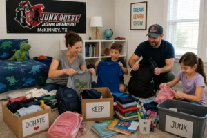 Family sorting kids' clothing and school supplies before back-to-school season in McKinney, Texas