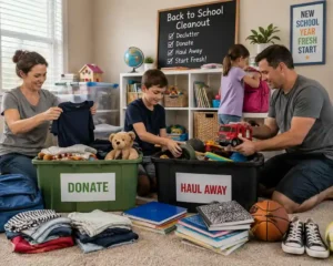 Family sorting toys and clothes into donate and haul away bins during a back to school cleanout