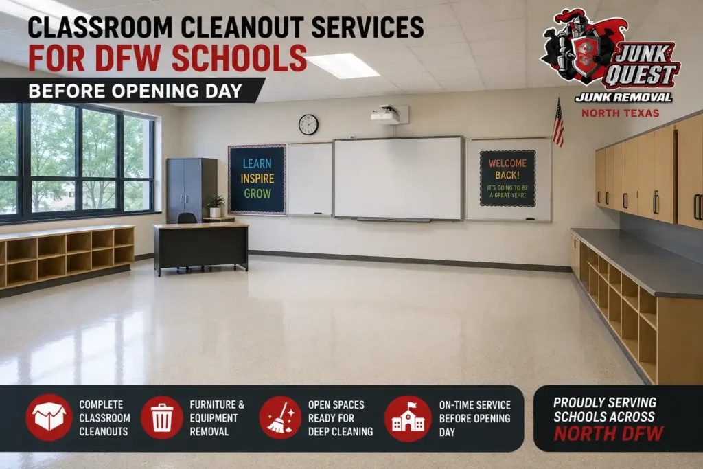 Decluttered North Dallas school classroom after professional classroom cleanout services by Junk Quest before the new school year