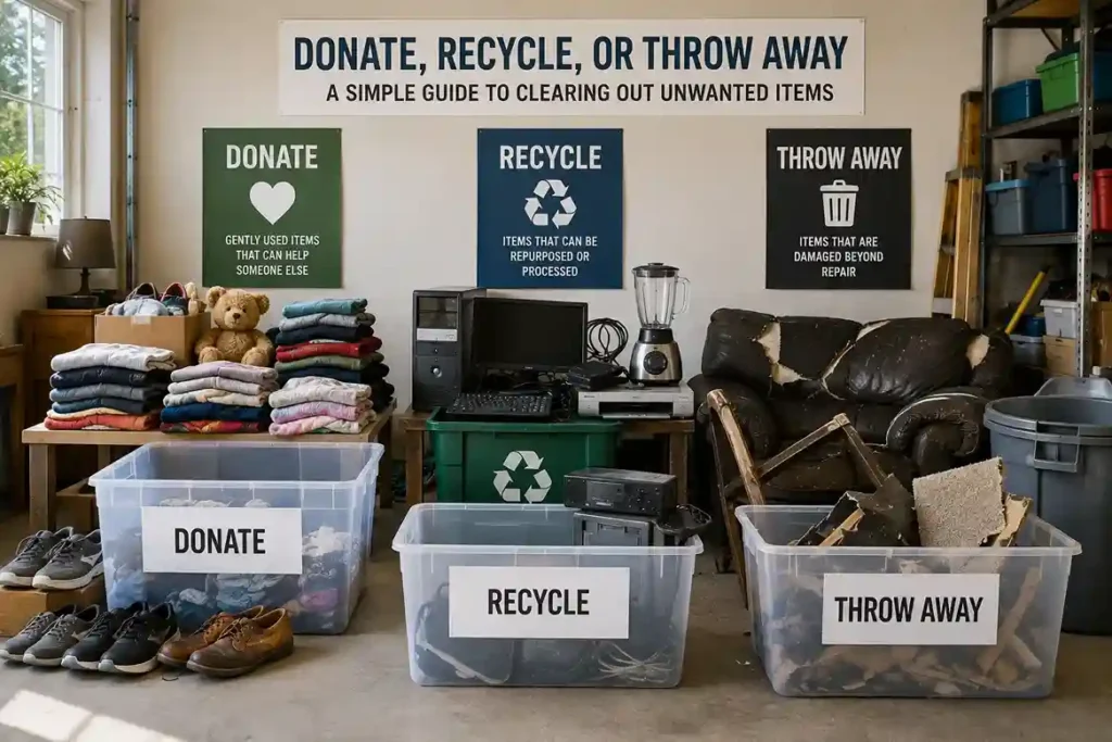Sorted piles of clothing, electronics, and furniture labeled donate, recycle, and throw away