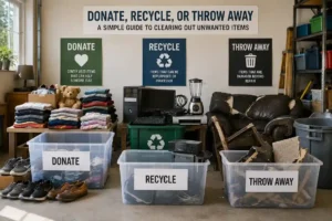Sorted piles of clothing, electronics, and furniture labeled donate, recycle, and throw away