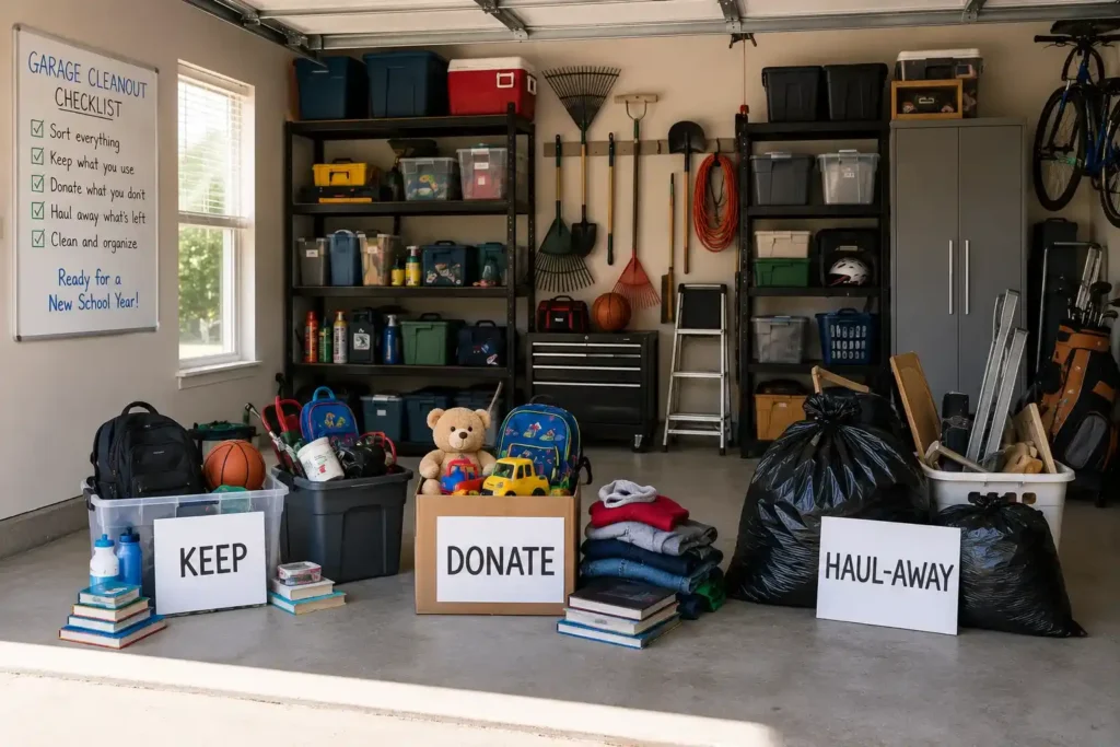 Garage sorted into keep, donate, and haul away piles before school starts