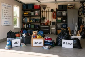 Garage sorted into keep, donate, and haul away piles before school starts