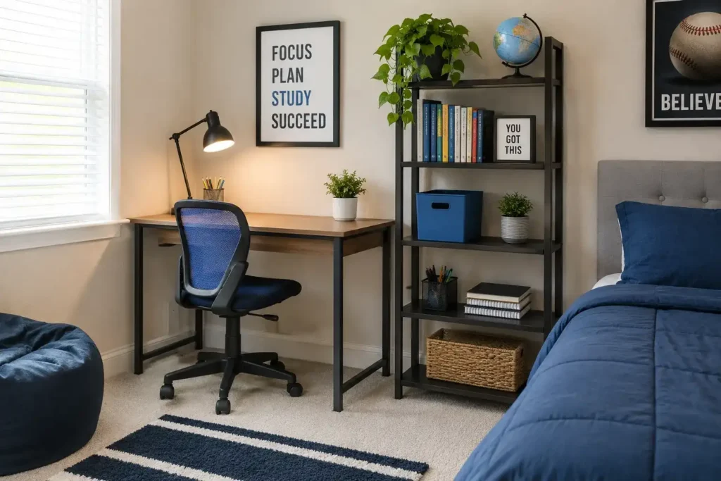 Child's bedroom corner set up as a clutter-free homework and study space