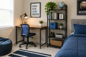 Child's bedroom corner set up as a clutter-free homework and study space
