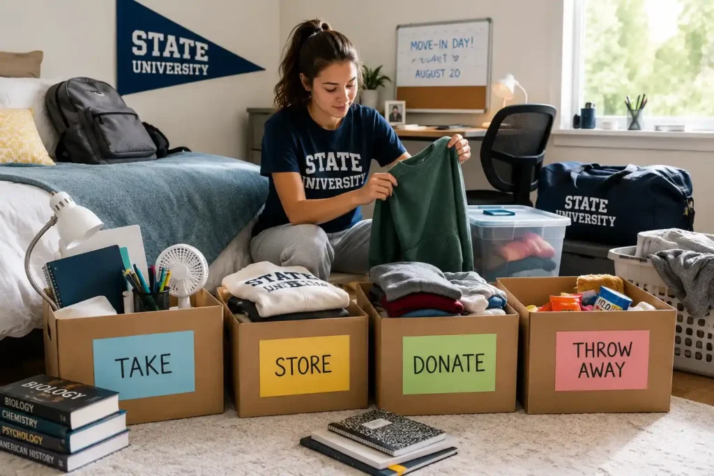 Sorted boxes labeled take, store, donate, and throw away before a college move