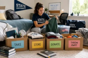 Sorted boxes labeled take, store, donate, and throw away before a college move