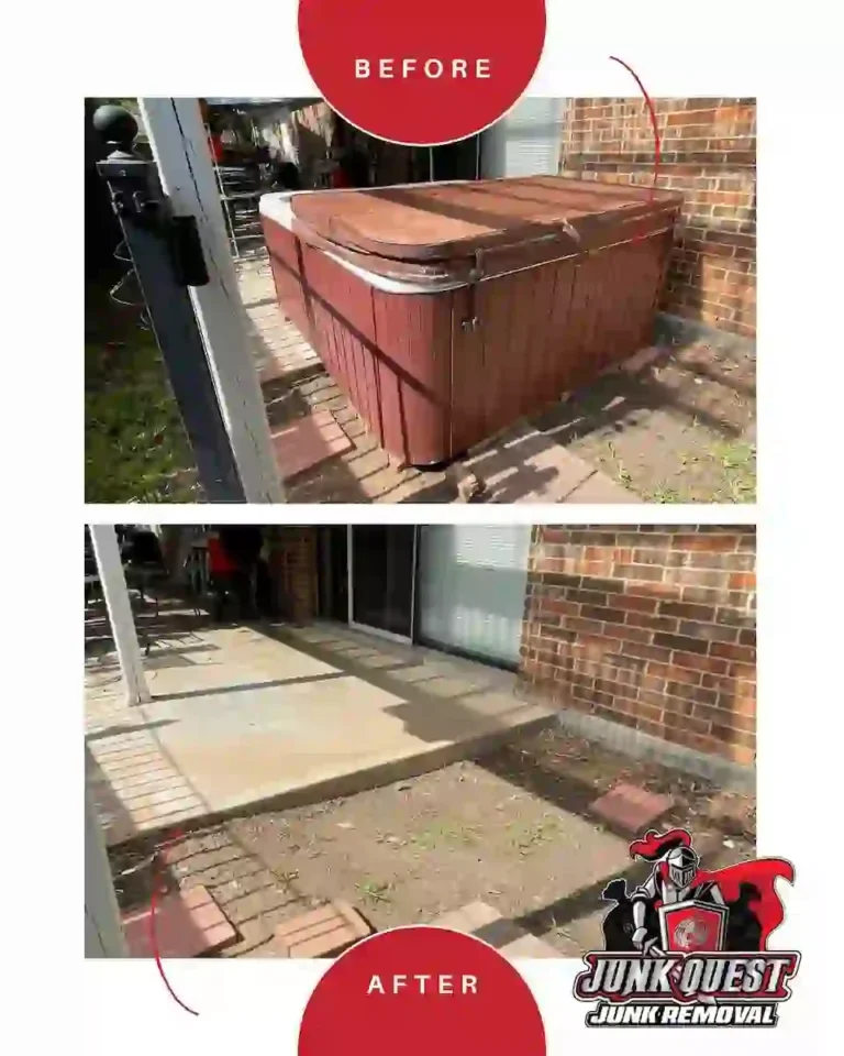 Before and after photos of a hot tub removal completed by Junk Quest in Prosper, TX.