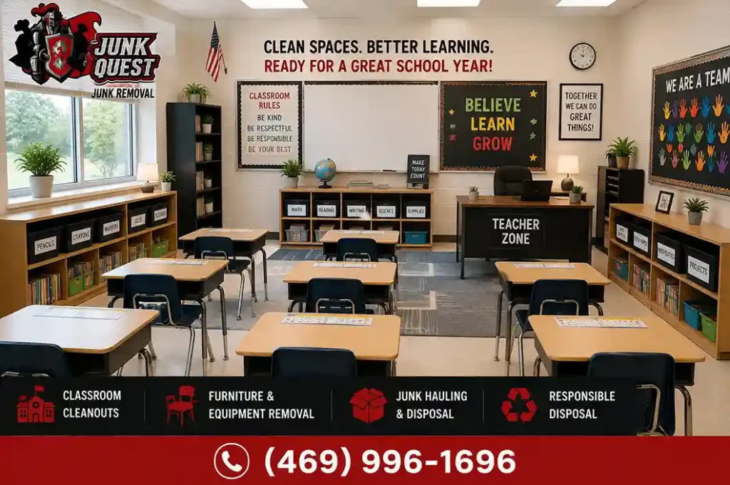 Organized school classroom with cleared learning zones and labeled storage areas after professional decluttering by Junk Quest before the new school year
