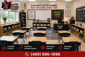 Organized school classroom with cleared learning zones and labeled storage areas after professional decluttering by Junk Quest before the new school year