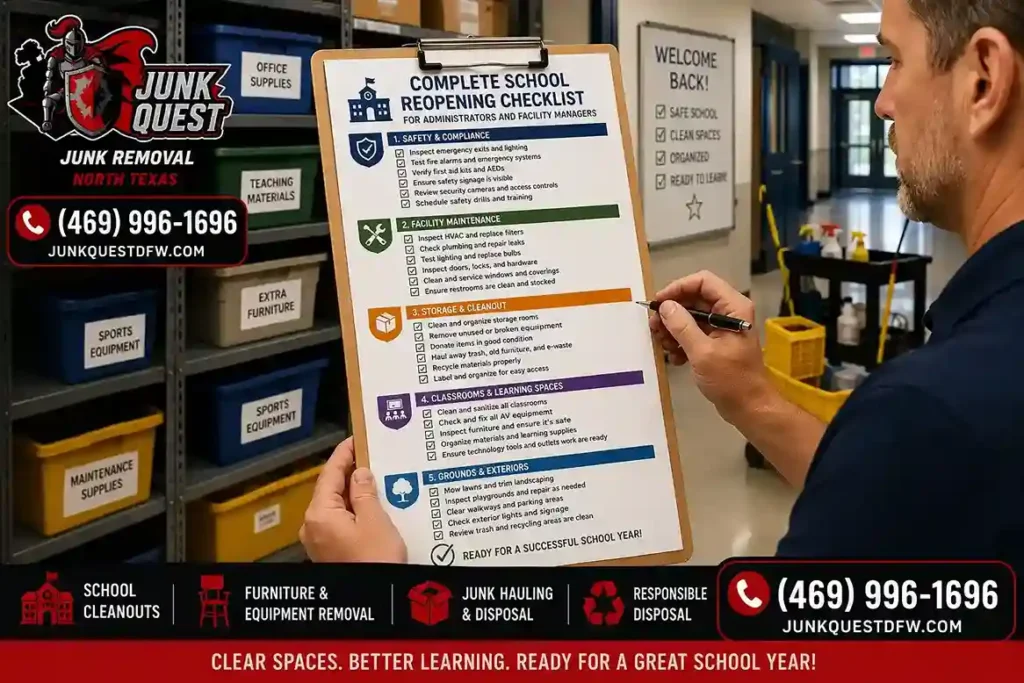 Facility manager reviewing a school reopening checklist covering safety storage and cleanout tasks