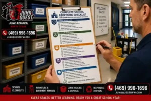 Facility manager reviewing a school reopening checklist covering safety storage and cleanout tasks
