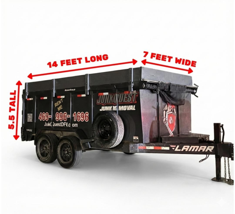Diagram showing the dimensions of Junk Quest's dumpster rental in Allen, TX.