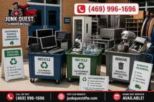 Outdated computers and lab equipment sorted for recycling at a school
