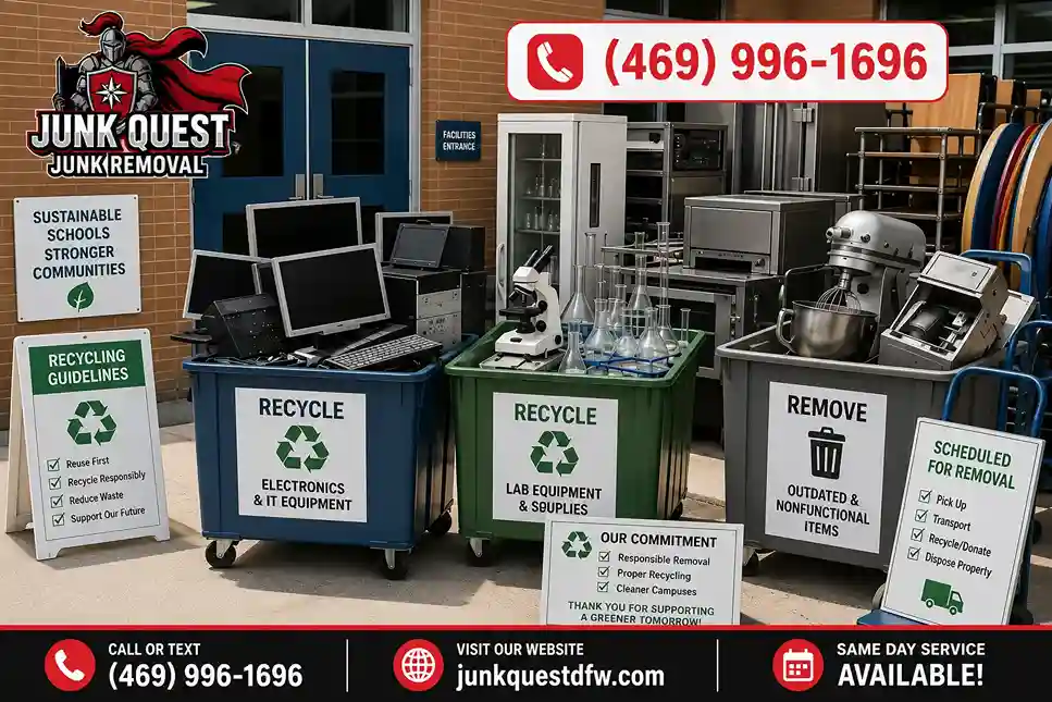 Outdated computers and lab equipment sorted for recycling at a school