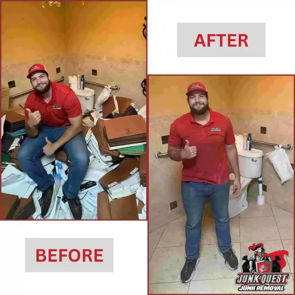 Before and after hoarding cleanout by Junk Quest in Dallas, TX showing a fully cleared and sanitized space.