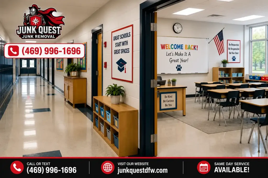 Organized school hallway and classroom free of clutter and unused furniture