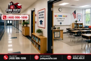 Organized school hallway and classroom free of clutter and unused furniture