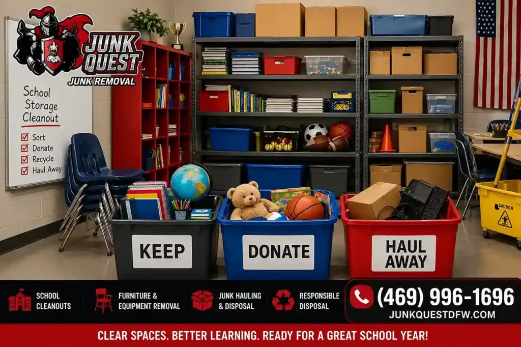 School storage room sorted into keep, donate, and haul away sections