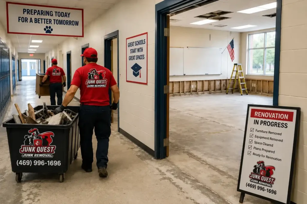 School hallway cleared of furniture and equipment ahead of a renovation project