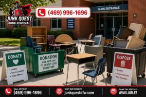 Old desks and chairs sorted for donation and disposal outside a school building