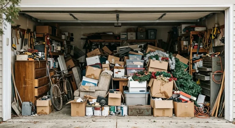 Cluttered garage packed with tools, boxes, and holiday decorations before a Junk Quest garage cleanout in Frisco, TX.