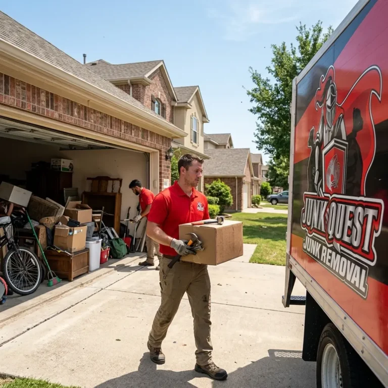 Junk Quest crew member carrying a box from a garage during a cleanout in Frisco, TX.