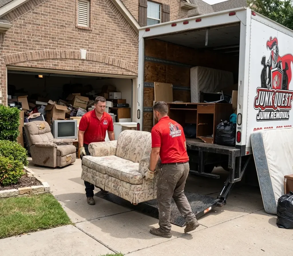 Junk Quest crew loading a couch onto a branded truck during a garage cleanout in Frisco, TX.