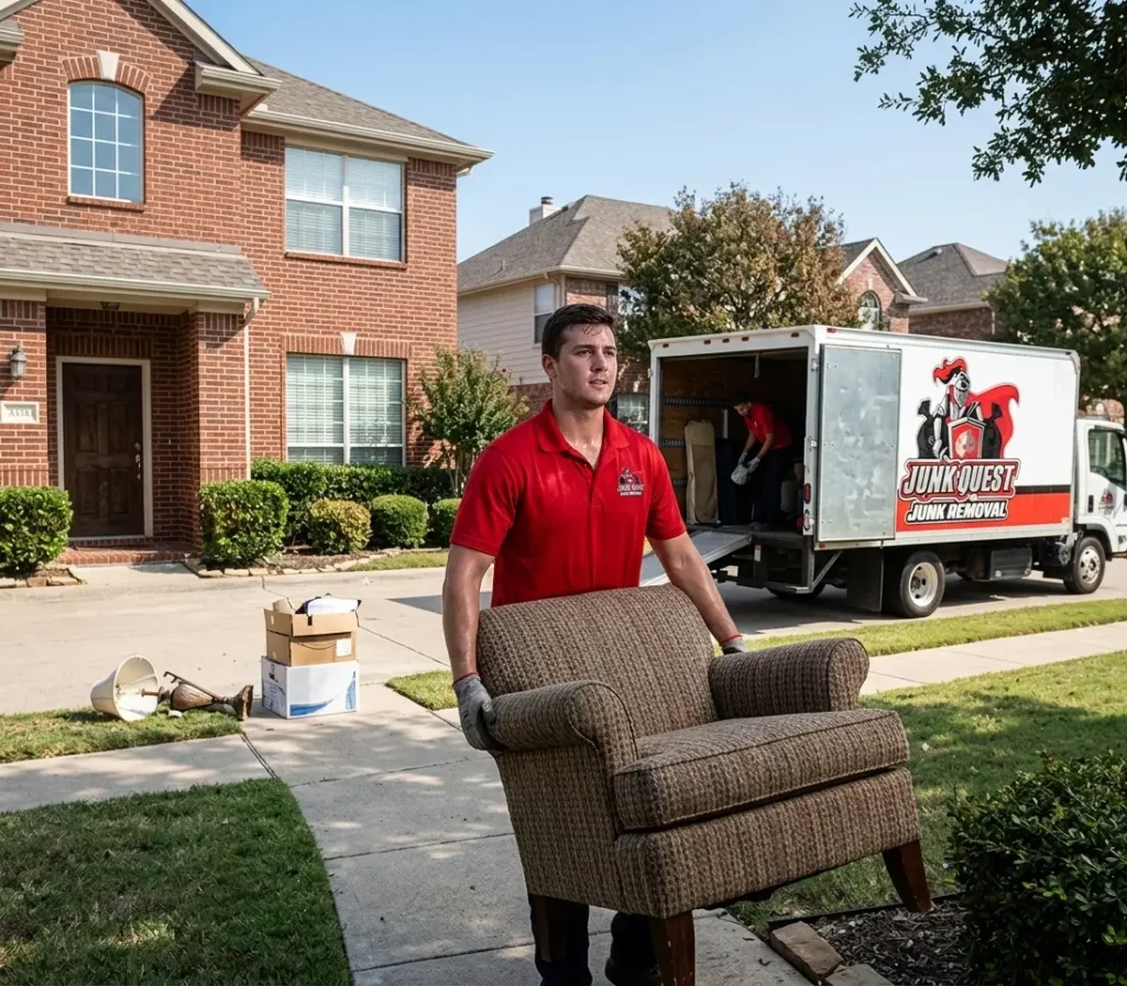 Junk Quest crew member carrying an armchair to the truck during a house cleanout in Allen, TX.