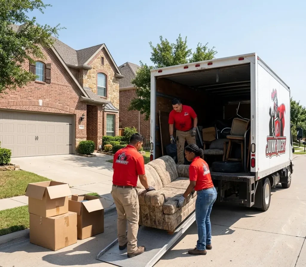 Junk Quest crew loading a couch and boxes onto a branded truck during a house cleanout in Allen, TX.