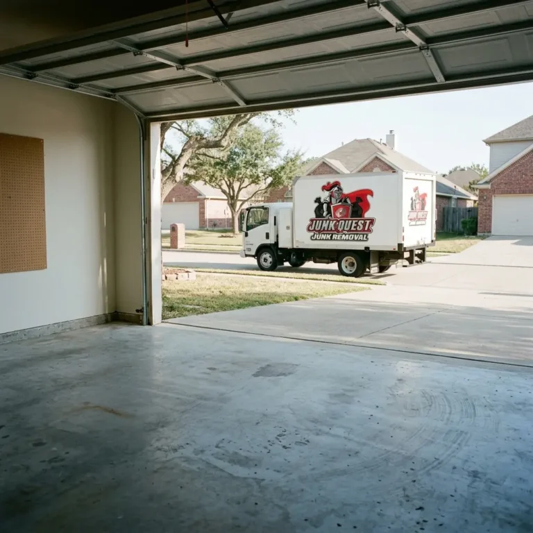 Cleared garage with a Junk Quest truck outside after a house cleanout in Allen, TX.