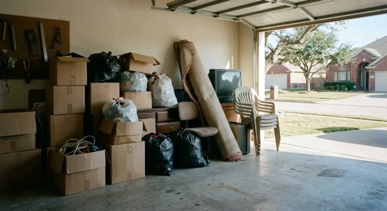 Cluttered garage packed with boxes, bags, and old furniture before a Junk Quest house cleanout in Allen, TX.