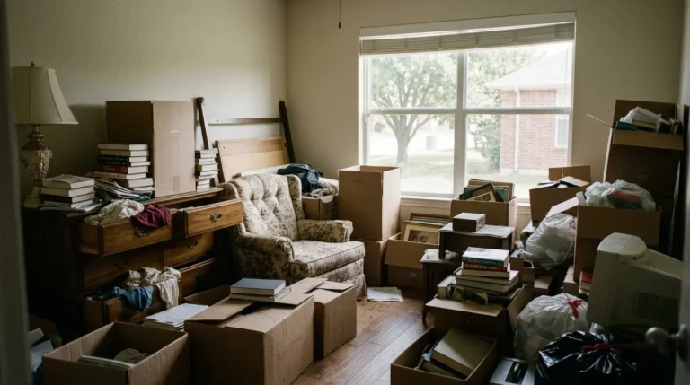 Cluttered living room packed with boxes, furniture, and belongings before a Junk Quest house cleanout in Allen, TX.