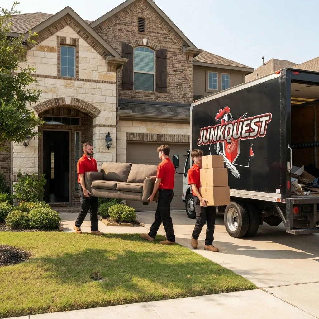 Junk Quest crew loading furniture and boxes during a house cleanout in Frisco, TX.