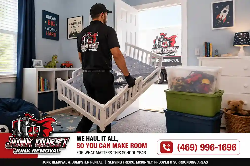 Junk removal crew hauling outgrown kids furniture from a bedroom before back to school in Frisco Texas