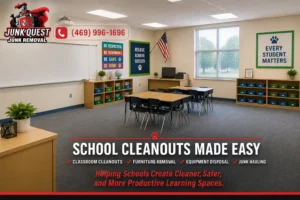 Cleared school classroom with open floor space after clutter removal before the new school year