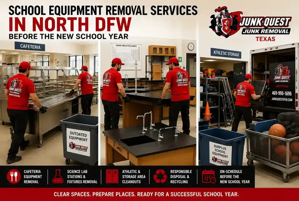 Junk Quest crew performing school equipment removal at a North Dallas school facility before the new school year